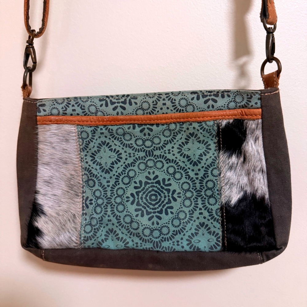 Myra Bag Teal Mandala Canvas Cowhide Leather Patchwork Crossbody Bag Western